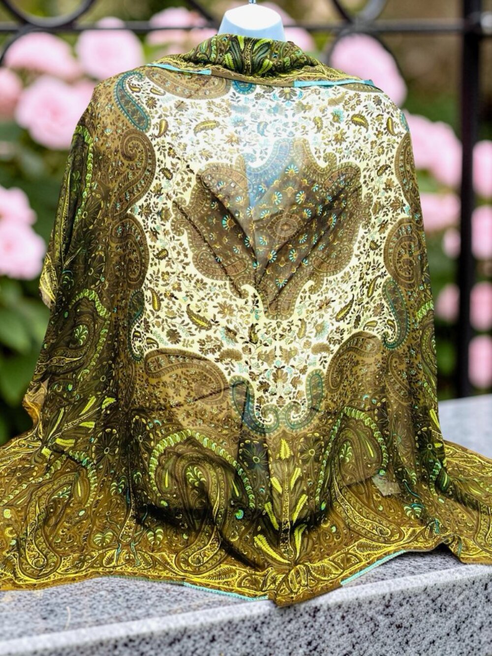 Vintage ETRO 100% Silk Chiffon Lg 44" Olive green yellow blue paisley floral (33